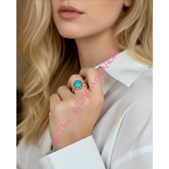 Kingman Turquoise Oval Shape Rope Design Silver Ring Size 8 - Picture 3 of 7